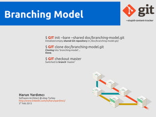 Branching Model                                                                                 --stupid-content-tracker




                         $ GIT init --bare --shared doc/branching-model.git
                         Initialized empty shared Git repository in /doc/branching-model.git/

                         $ GIT clone doc/branching-model.git
                         Cloning into 'branching-model'...
                         Done.

                         $ GIT checkout master
                         Switched to branch 'master'




  Harun Yardımcı
  Software Architect @ ebay Turkey
  http://www.linkedin.com/in/harunyardimci/
  5th Feb 2013
 