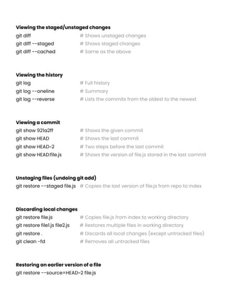 Viewing the staged/unstaged changes  
git diff # Shows unstaged changes 
git diff --staged # Shows staged changes
git diff --cached # Same as the above
Viewing the history 
git log # Full history
git log --oneline # Summary
git log --reverse # Lists the commits from the oldest to the newest
Viewing a commit  
git show 921a2ff # Shows the given commit
git show HEAD # Shows the last commit
git show HEAD~2 # Two steps before the last commit
git show HEAD:file.js # Shows the version of file.js stored in the last commit
Unstaging files (undoing git add) 
git restore --staged file.js # Copies the last version of file.js from repo to index
Discarding local changes  
git restore file.js # Copies file.js from index to working directory
git restore file1.js file2.js # Restores multiple files in working directory
git restore . # Discards all local changes (except untracked files)
git clean -fd # Removes all untracked files
Restoring an earlier version of a file 
git restore --source=HEAD~2 file.js
 