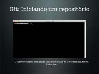 Git: Iniciando um repositório




 O diretório objects armazena todos os objetos do Git: commits, trees,
                              blobs, etc.
 