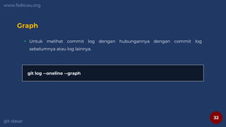 32
www.fsdio.eu.org
git-dasar
Graph
 Untuk melihat commit log dengan hubungannya dengan commit log
sebelumnya atau log lainnya.
git log --oneline --graph
 