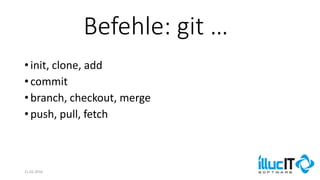 Befehle: git …
21.02.2016
•init, clone, add
•commit
•branch, checkout, merge
•push, pull, fetch
 