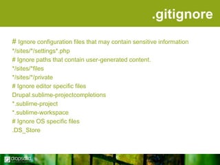 .gitignore
# Ignore configuration files that may contain sensitive information
*/sites/*/settings*.php
# Ignore paths that contain user-generated content.
*/sites/*files
*/sites/*/private
# Ignore editor specific files
Drupal.sublime-projectcompletions
*.sublime-project
*.sublime-workspace
# Ignore OS specific files
.DS_Store

 