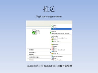 推送
    $ git push origin master




push 的是之前 commit 到本地暂存的快照
 