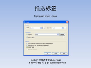 推送标签
     $ git push origin --tags




 push 的时候选中 Include Tags
单推一个 tag 用 $ git push origin v1.0
 