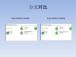 分支对比

$ git checkout master   $ git checkout testing
 