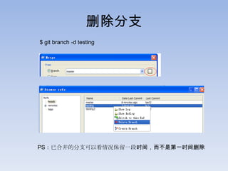 删除分支
$ git branch -d testing




PS：已合并的分支可以看情况保留一段时间，而不是第一时间删除
 
