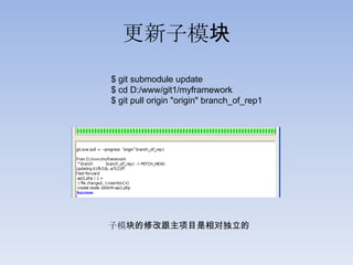 更新子模块
$ git submodule update
$ cd D:/www/git1/myframework
$ git pull origin "origin" branch_of_rep1




子模块的修改跟主项目是相对独立的
 