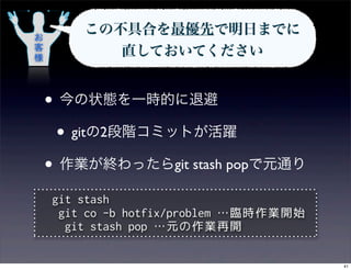 お
        この不具合を最優先で明日までに
客
様
           直しておいてください


    • 今の状態を一時的に退避
     • gitの2段階コミットが活躍
    • 作業が終わったらgit stash popで元通り
    git stash
     git co -b hotfix/problem …臨時作業開始
      git stash pop …元の作業再開

                                        41
 
