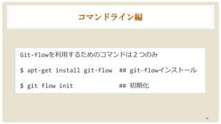 コマンドライン編
Git-flowを利用するためのコマンドは２つのみ
$ apt-get install git-flow ## git-flowインストール
$ git flow init ## 初期化
14
 