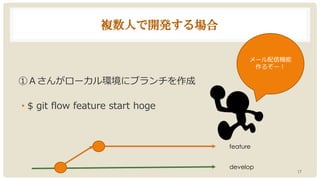 複数人で開発する場合
①Ａさんがローカル環境にブランチを作成
• $ git flow feature start hoge
17
メール配信機能
作るぞー！
feature
develop
 
