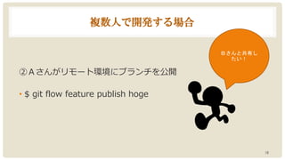 複数人で開発する場合
②Ａさんがリモート環境にブランチを公開
• $ git flow feature publish hoge
18
Ｂさんと共有し
たい！
 
