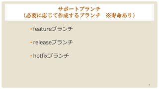 サポートブランチ
（必要に応じて作成するブランチ ※寿命あり）
• featureブランチ
• releaseブランチ
• hotfixブランチ
9
 