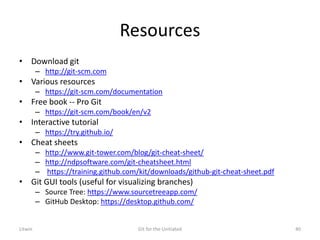 Resources
• Download git
– http://git-scm.com
• Various resources
– https://git-scm.com/documentation
• Free book -- Pro Git
– https://git-scm.com/book/en/v2
• Interactive tutorial
– https://try.github.io/
• Cheat sheets
– http://www.git-tower.com/blog/git-cheat-sheet/
– http://ndpsoftware.com/git-cheatsheet.html
– https://training.github.com/kit/downloads/github-git-cheat-sheet.pdf
• Git GUI tools (useful for visualizing branches)
– Source Tree: https://www.sourcetreeapp.com/
– GitHub Desktop: https://desktop.github.com/
Litwin Git for the Unitiated 40
 