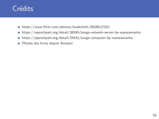 Crédits
https://www.ﬂickr.com/photos/landschaft/3658612324/
https://openclipart.org/detail/36565/tango-network-server-by-warszawianka
https://openclipart.org/detail/34531/tango-computer-by-warszawianka
Photos des livres depuis Amazon
55
 
