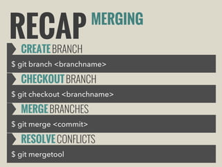 RECAP

MERGING

CREATE BRANCH

$ git branch <branchname>

CHECKOUT BRANCH
$ git checkout <branchname>

MERGE BRANCHES
$ git merge <commit>

RESOLVE CONFLICTS
$ git mergetool

 