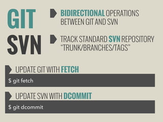 GIT
SVN

BIDIRECTIONAL OPERATIONS
BETWEEN GIT AND SVN
TRACK STANDARD SVN REPOSITORY
“TRUNK/BRANCHES/TAGS”

UPDATE GIT WITH FETCH
$ git fetch

UPDATE SVN WITH DCOMMIT
$ git dcommit

 