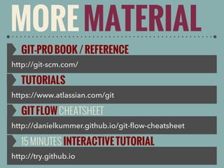 MORE MATERIAL
GIT-PRO BOOK / REFERENCE
http://git-scm.com/

TUTORIALS
https://www.atlassian.com/git

GIT FLOW CHEATSHEET
http://danielkummer.github.io/git-flow-cheatsheet

15 MINUTES INTERACTIVE TUTORIAL
http://try.github.io

 
