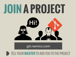 JOIN A PROJECT

git.namics.com
TELL YOUR MASTER TO ADD YOU TO THE PROJECT

 