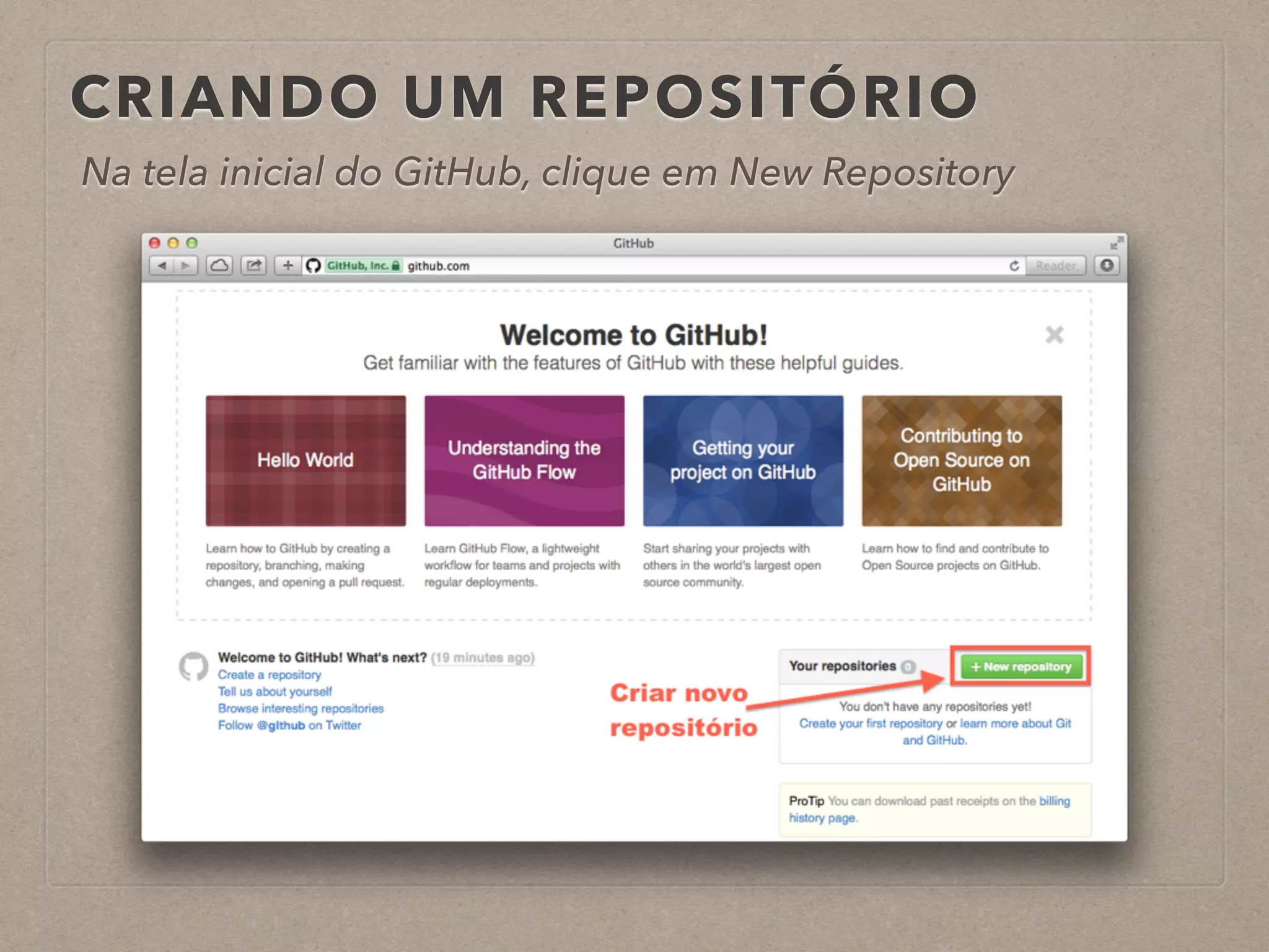 CRIANDO UM REPOSITÓRIO 
Na tela inicial do GitHub, clique em New Repository 
 