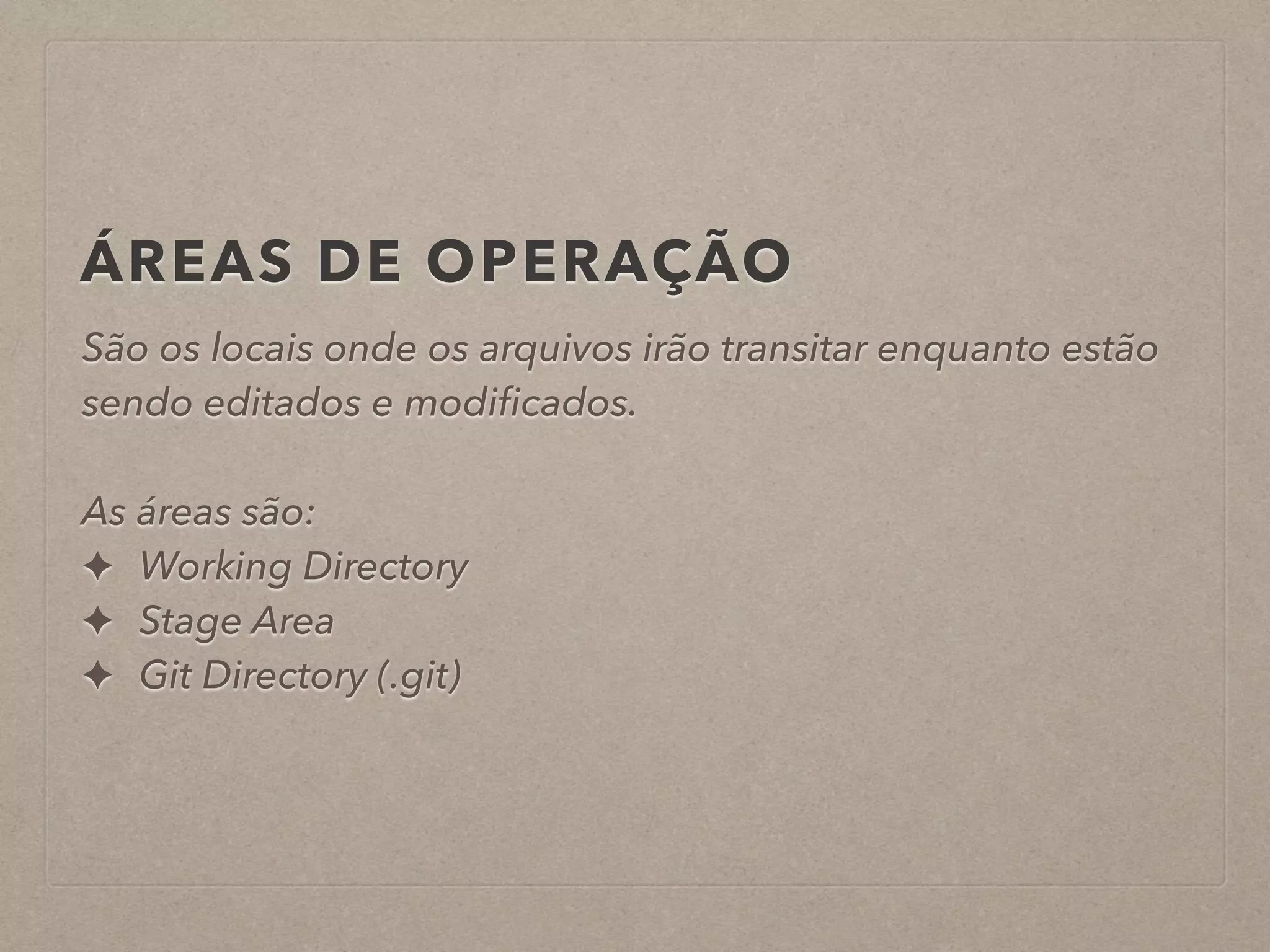 ÁREAS DE OPERAÇÃO 
São os locais onde os arquivos irão transitar enquanto estão 
sendo editados e modificados. 
! 
As áreas são: 
✦ Working Directory 
✦ Stage Area 
✦ Git Directory (.git) 
 