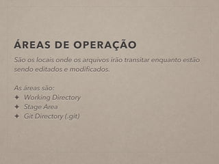 ÁREAS DE OPERAÇÃO 
São os locais onde os arquivos irão transitar enquanto estão 
sendo editados e modificados. 
! 
As áreas são: 
✦ Working Directory 
✦ Stage Area 
✦ Git Directory (.git) 
 
