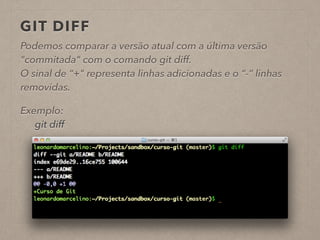 GIT DIFF 
Podemos comparar a versão atual com a última versão 
"commitada" com o comando git diff. 
O sinal de “+" representa linhas adicionadas e o “-“ linhas 
removidas. 
! 
Exemplo: 
git diff 
! 
 