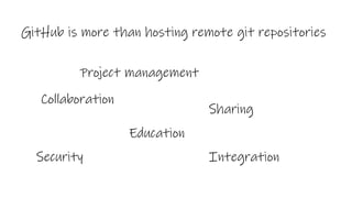 GitHub is more than hosting remote git repositories
Project management
Collaboration
Education
Integration
Sharing
Security
 
