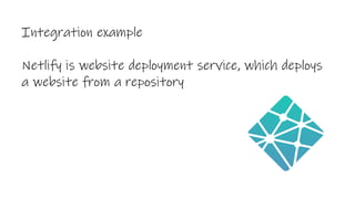 Integration example
Netlify is website deployment service, which deploys
a website from a repository
 