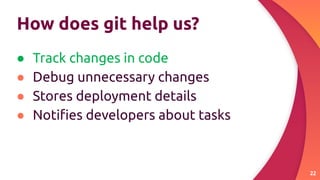 How does git help us?
● Track changes in code
● Debug unnecessary changes
● Stores deployment details
● Notiﬁes developers about tasks
22
 