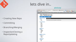 lets dive in..
gitref.org/
• Creating New Repo
• Committing
• Branching/Merging
• InspectionCloning a
RepoUpdating
 