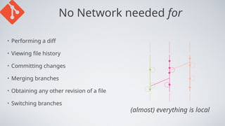 No Network needed for
(almost) everything is local
• Performing a diff
• Viewing file history
• Committing changes
• Merging branches
• Obtaining any other revision of a file
• Switching branches
 