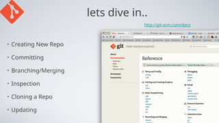 lets dive in..
• Creating New Repo
• Committing
• Branching/Merging
• Inspection
• Cloning a Repo
• Updating
http://git-scm.com/docs
 