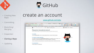 GitHub
• Creating New
Repo
• Committing
• Branching/
Merging
• Inspection
• Cloning a Repo
• Updating
create an account
www.github.com/edu
 