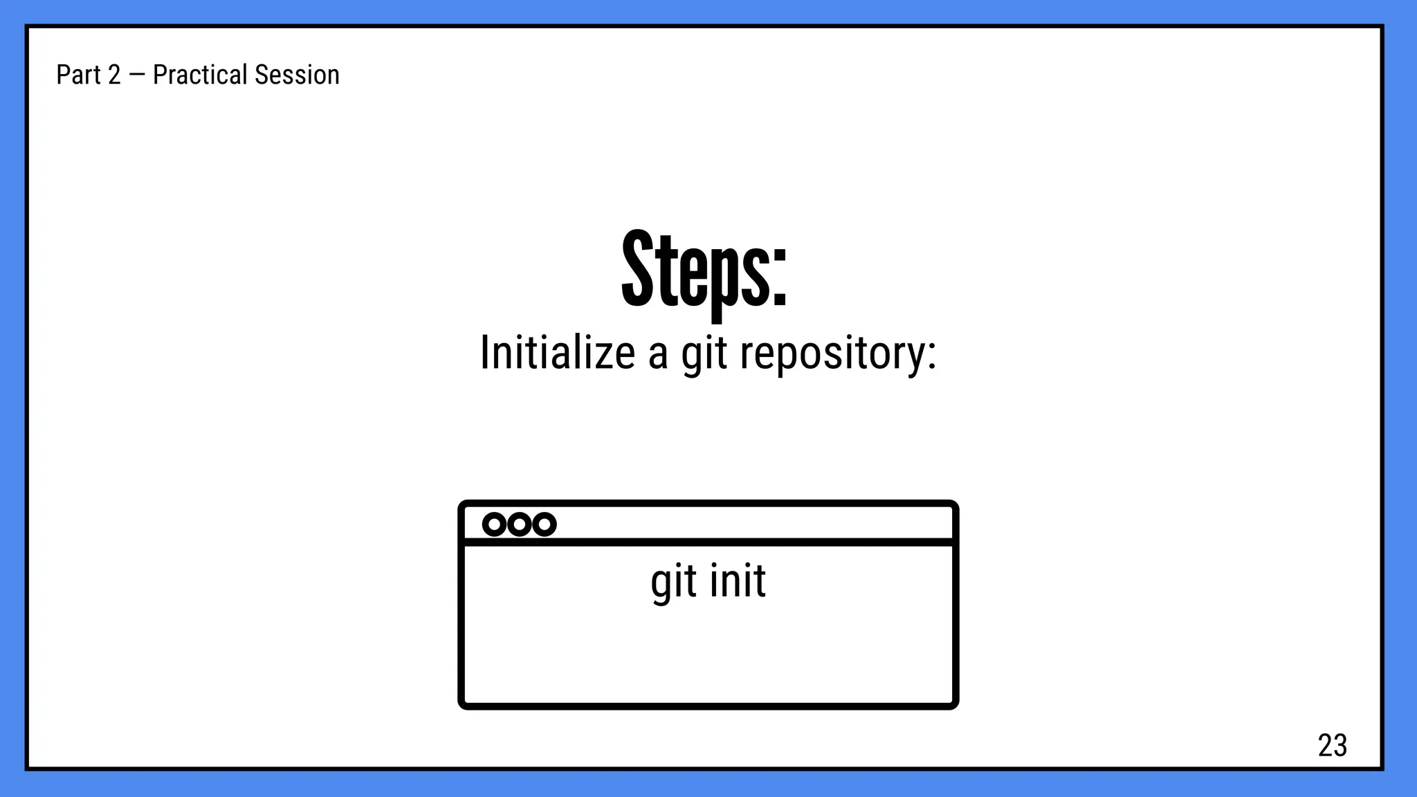 Part 2 — Practical Session
Steps:
Initialize a git repository:
git init
23
 