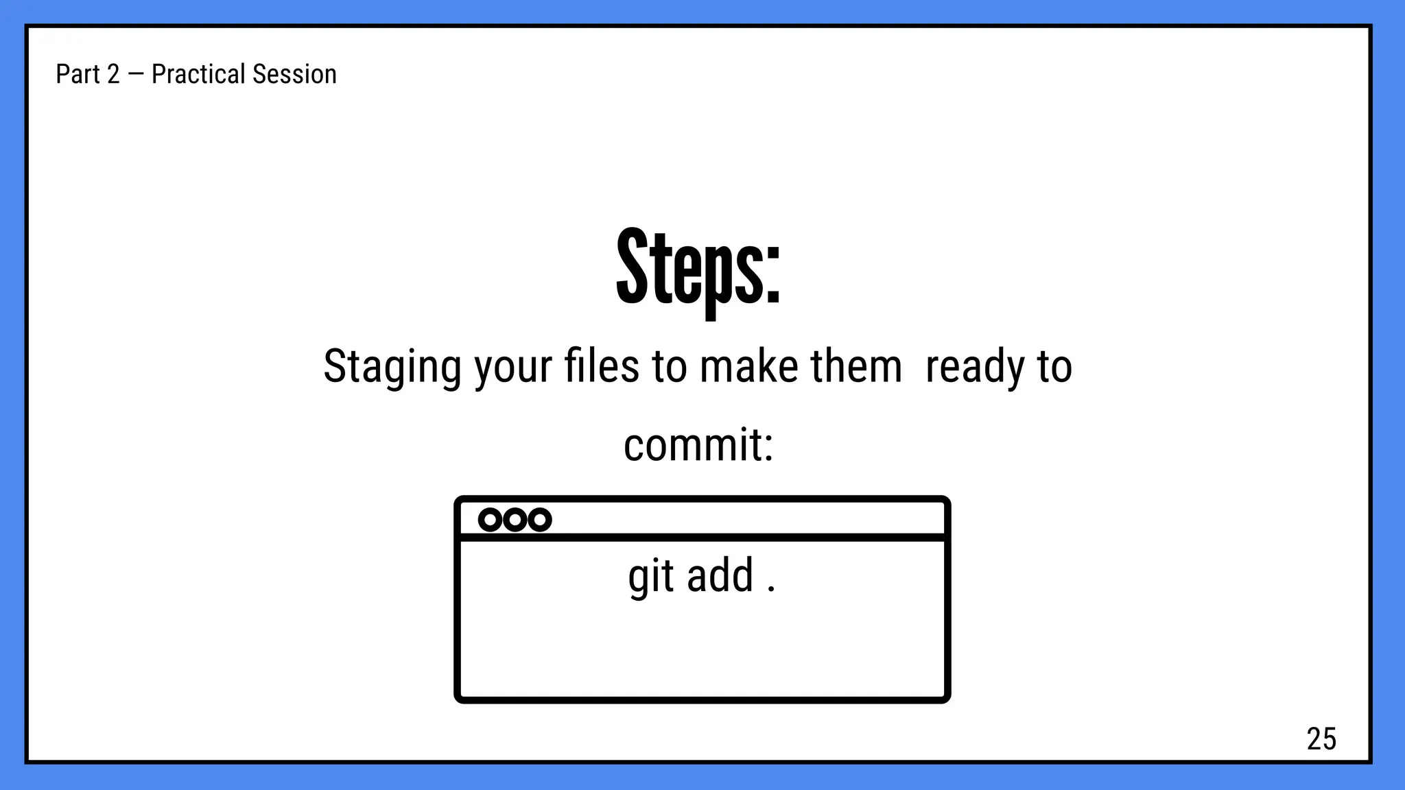 Part 2 — Practical Session
Steps:
Staging your ﬁles to make them ready to
commit:
git add .
25
 