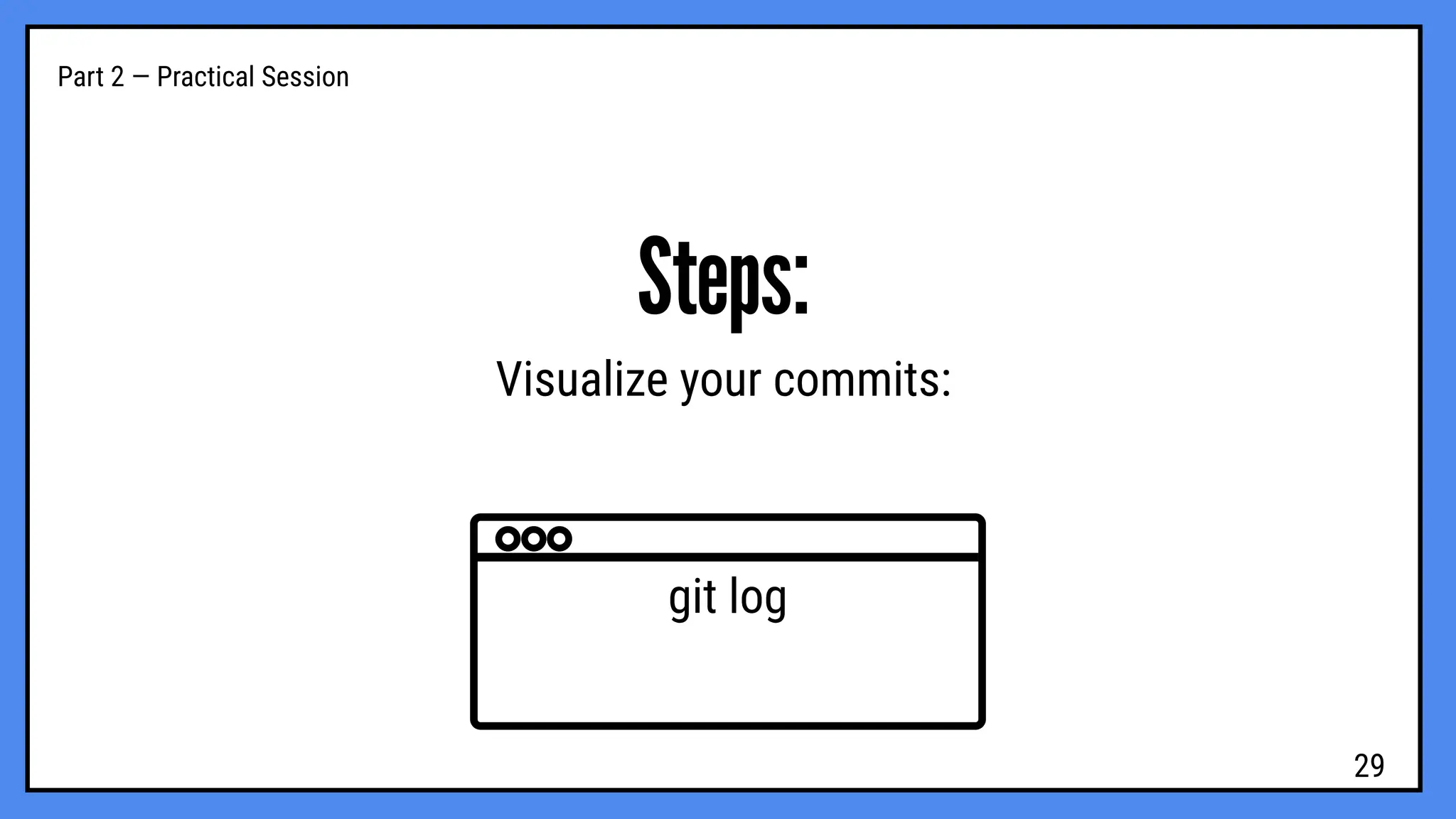Part 2 — Practical Session
Steps:
Visualize your commits:
git log
29
 
