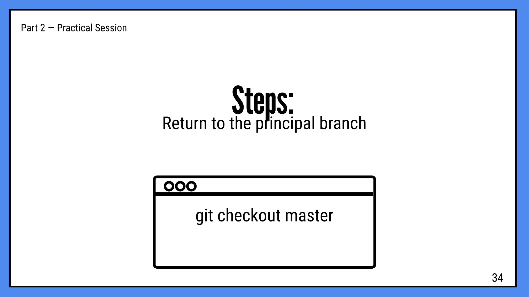 Part 2 — Practical Session
Steps:
Return to the principal branch
git checkout master
34
 