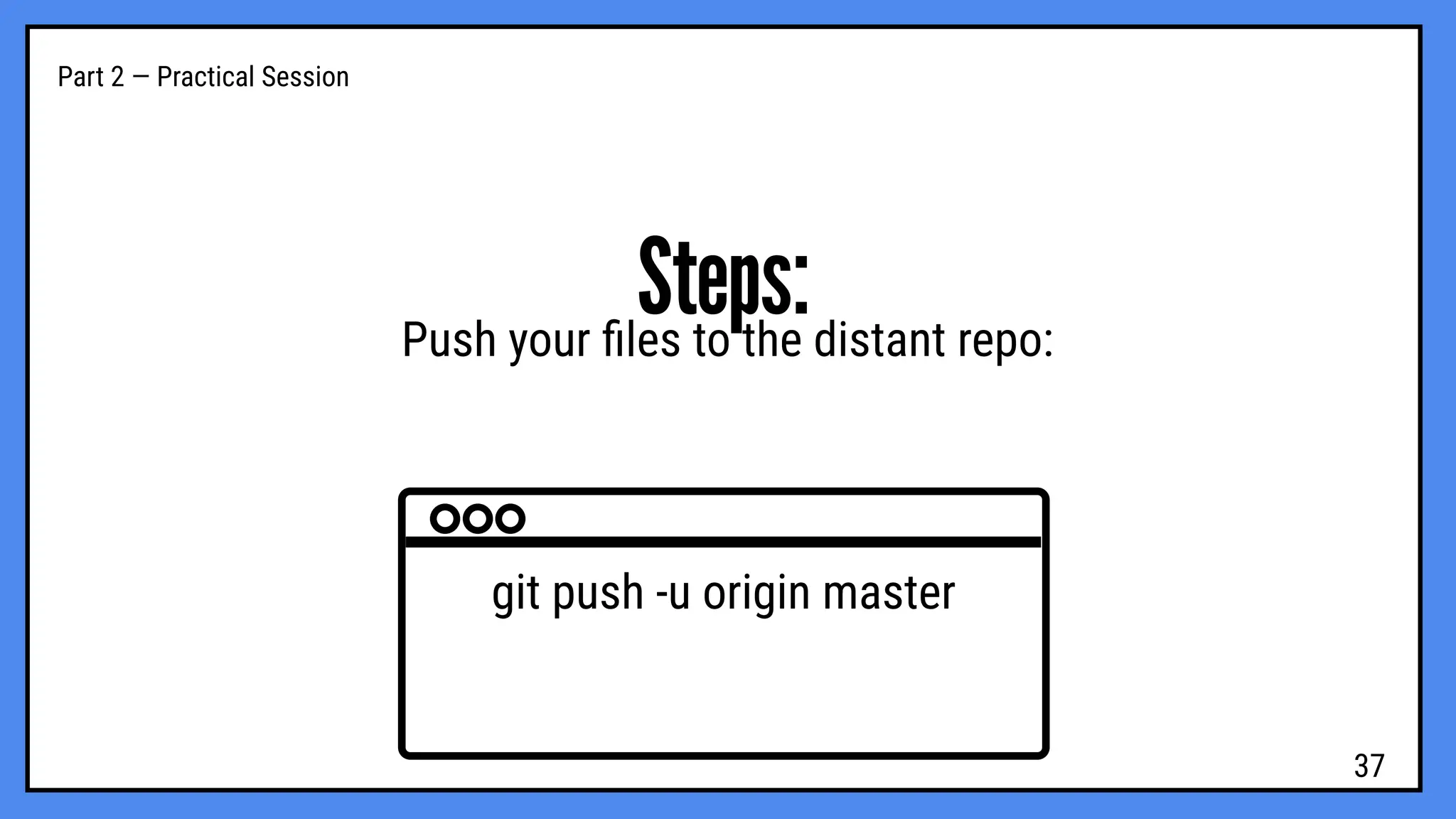 Part 2 — Practical Session
Steps:
Push your ﬁles to the distant repo:
git push -u origin master
37
 