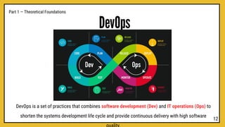 DevOps
DevOps is a set of practices that combines software development (Dev) and IT operations (Ops) to
shorten the systems development life cycle and provide continuous delivery with high software
Part 1 — Theoretical Foundations
12
 