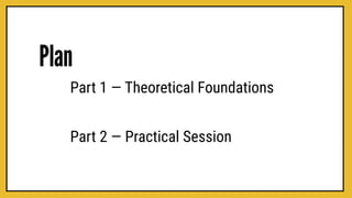 Plan
Part 1 — Theoretical Foundations
Part 2 — Practical Session
 