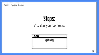 Part 2 — Practical Session
Steps:
Visualize your commits:
git log
29
 