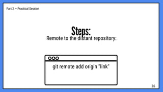 Part 2 — Practical Session
Steps:
Remote to the distant repository:
git remote add origin "link"
36
 