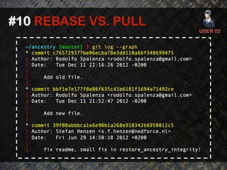 #10 REBASE VS. PULL	
  
                                                           USER 02	
  


  ~/ancestry [master] $ git log --graph
  * commit c765729377be06ecba78e3dd110a66f348699475
  | Author: Rodolfo Spalenza <rodolfo.spalenza@gmail.com>
  | Date:   Tue Dec 11 22:16:26 2012 -0200
  |
  |     Add old file.
  |
  * commit bbf1e7e177f0a86f635c41b6181f1694a71492ce
  | Author: Rodolfo Spalenza <rodolfo.spalenza@gmail.com>
  | Date:   Tue Dec 11 21:52:47 2012 -0200
  |
  |     Add new file.
  |
  * commit 39f00abbbca1e6e90b1a268e918342b6950812c5
  | Author: Stefan Henzen <s.f.henzen@nedforce.nl>
  | Date:   Fri Jun 29 14:50:18 2012 +0200
  |
  |     fix readme, small fix in restore_ancestry_integrity!
 
