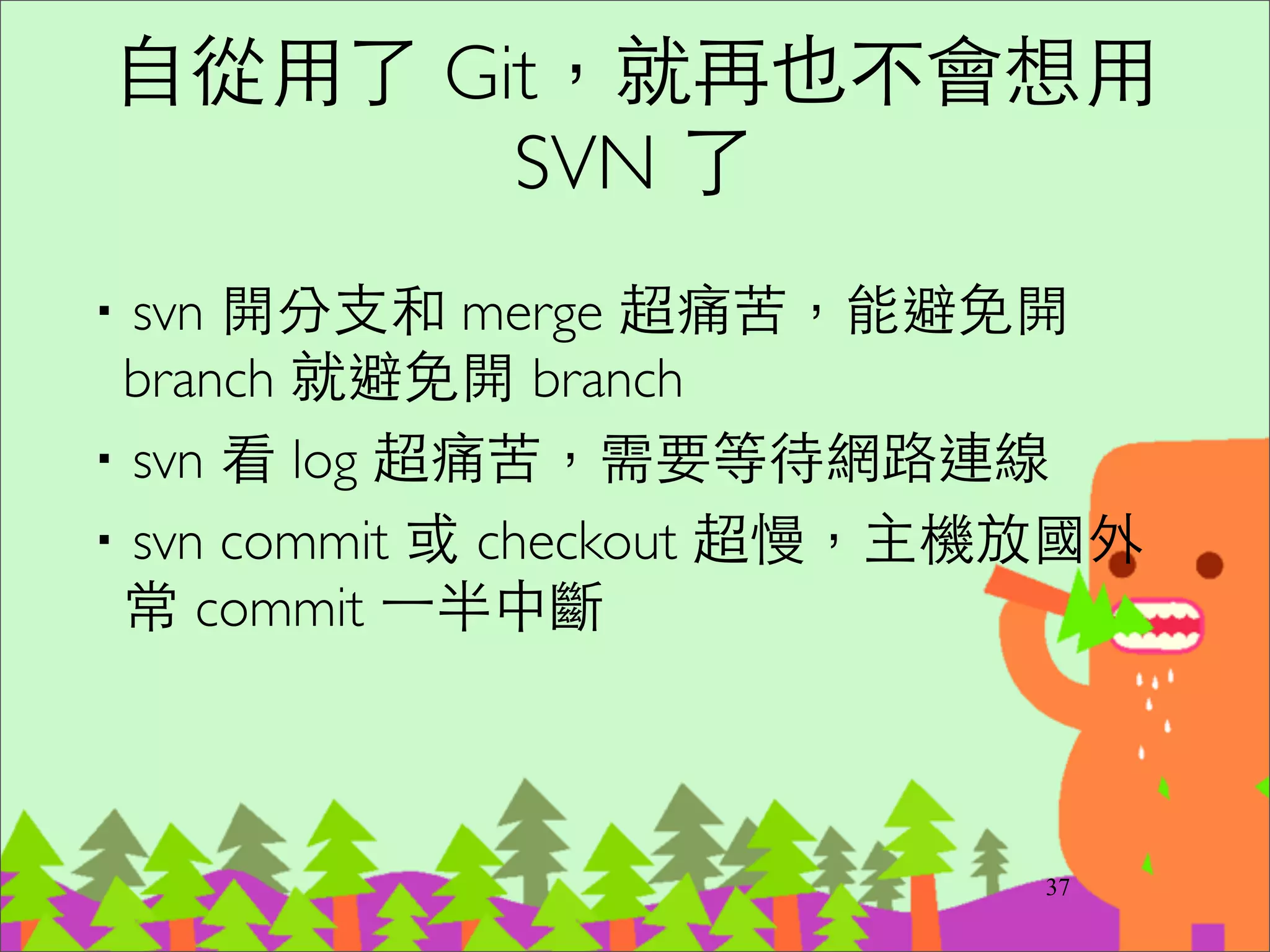 Working tree 裡的檔案有四種狀態
52
git directory
(repository)
staging
area
working
directory
git add
git commit
Untracked ﬁles
Changes not
staged for
commit
Changes to be
committed
Commtted
 