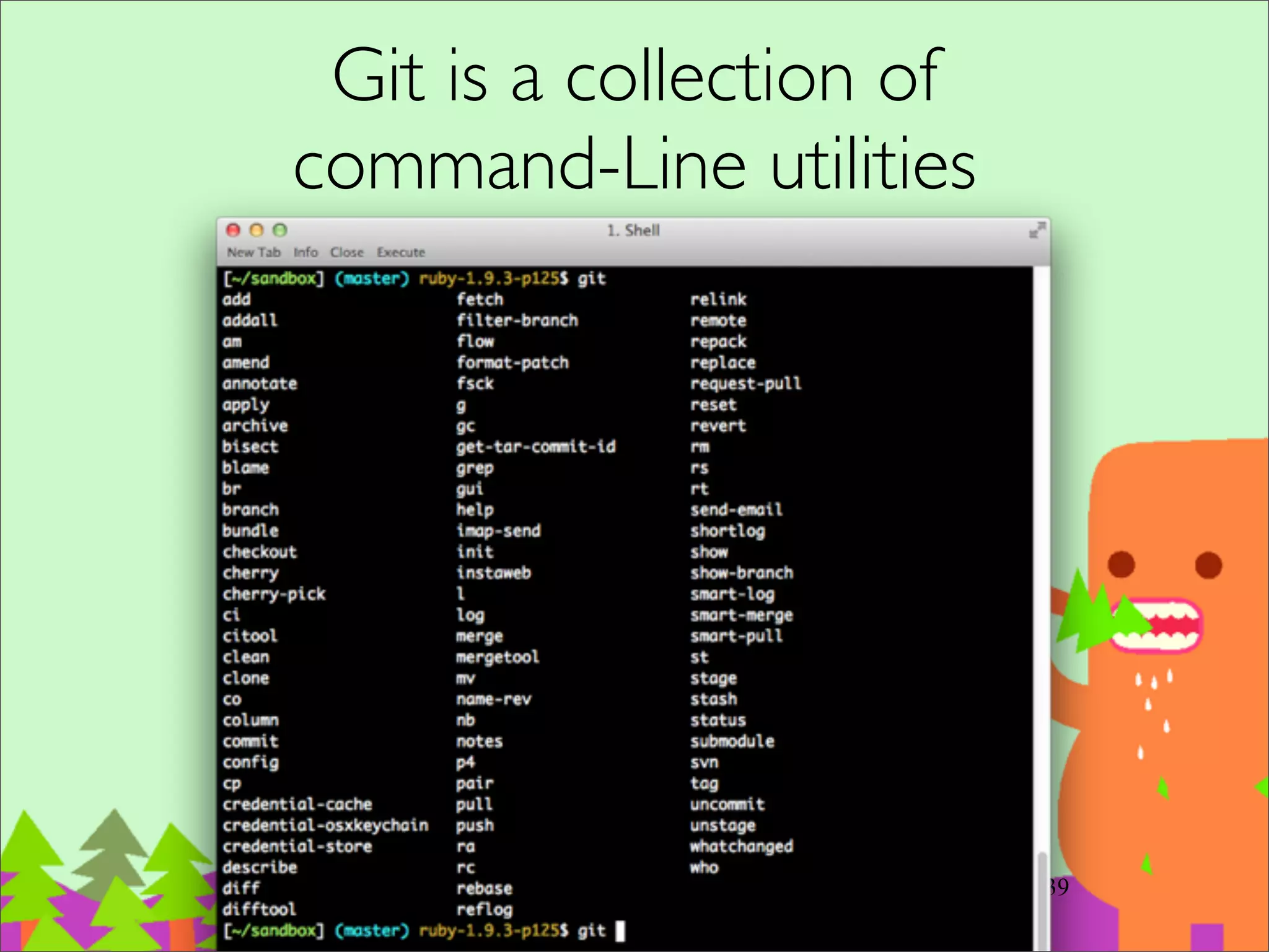 只 commit 部分檔案 (demo)
54
‧touch a.rb	

‧touch b.rb	

‧git add a.rb	

‧git commit “Update a”	

‧git add b.rb	

‧git commit “Update b”
 