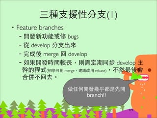 Useful alias
編輯 ~/.gitconﬁg
155
[alias]	
co = checkout	
ci = commit	
st = status	
br = branch -v	
rt = reset --hard	
unstage = reset HEAD	
uncommit = reset --soft HEAD^	
l = log --pretty=oneline --abbrev-commit --graph --
decorate	
amend = commit --amend	
who = shortlog -n -s --no-merges	
g = grep -n --color -E	
cp = cherry-pick -x	
nb = checkout -b
 