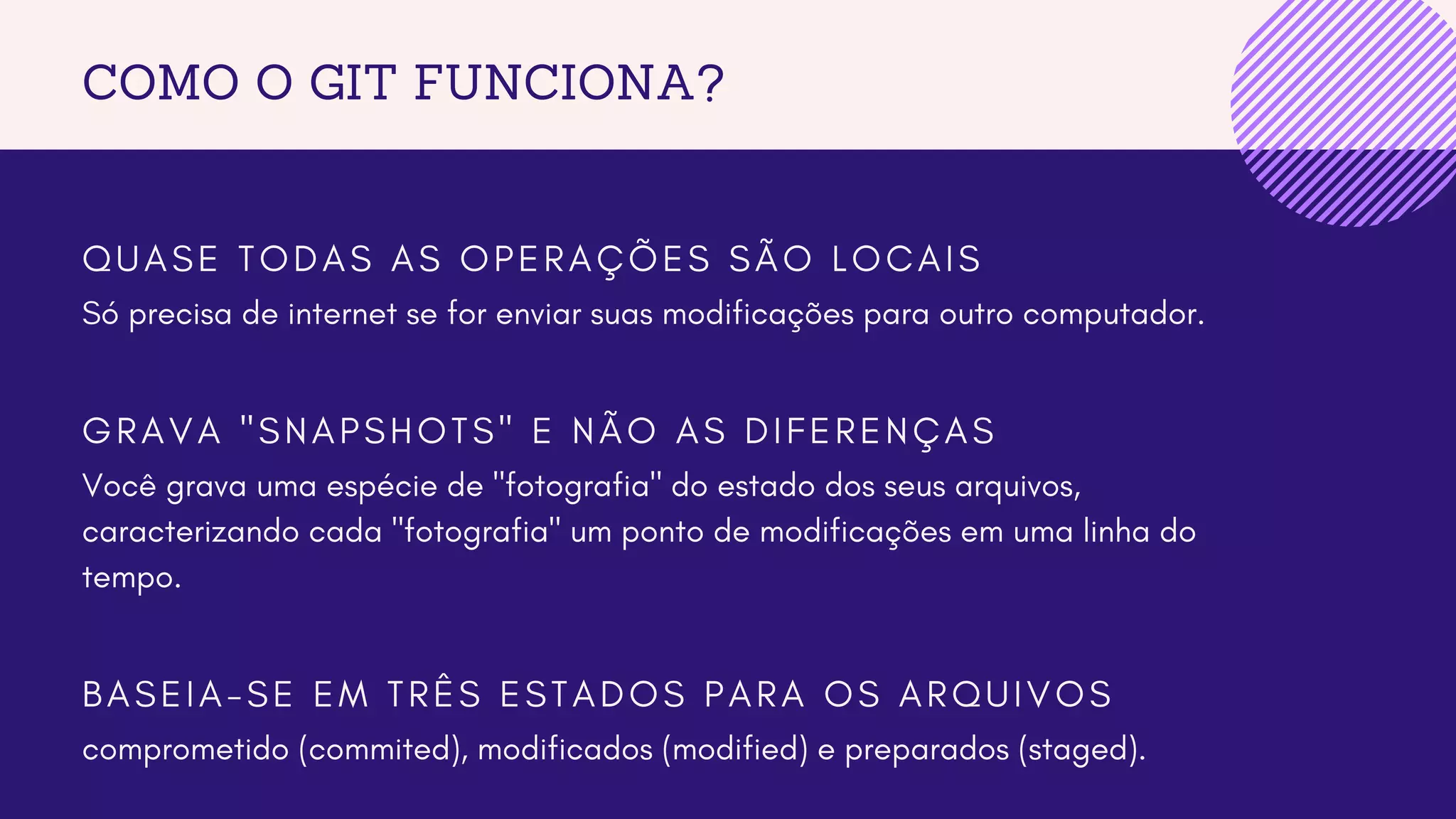 COMO O GIT FUNCIONA?
B A S E I A - S E E M T R Ê S E S T A D O S P A R A O S A R Q U I V O S
Q U A S E T O D A S A S O P E R A Ç Õ E S S Ã O L O C A I S
G R A V A " S N A P S H O T S " E N Ã O A S D I F E R E N Ç A S
comprometido (commited), modificados (modified) e preparados (staged).
Só precisa de internet se for enviar suas modificações para outro computador.
Você grava uma espécie de "fotografia" do estado dos seus arquivos,
caracterizando cada "fotografia" um ponto de modificações em uma linha do
tempo.
 
