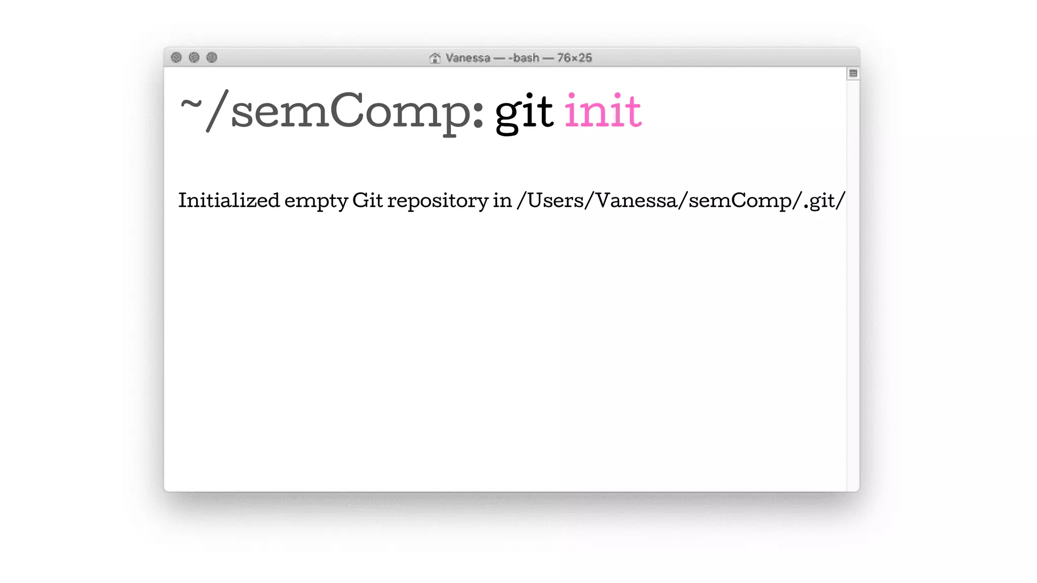 ~/semComp: git init
Initialized empty Git repository in /Users/Vanessa/semComp/.git/
 
