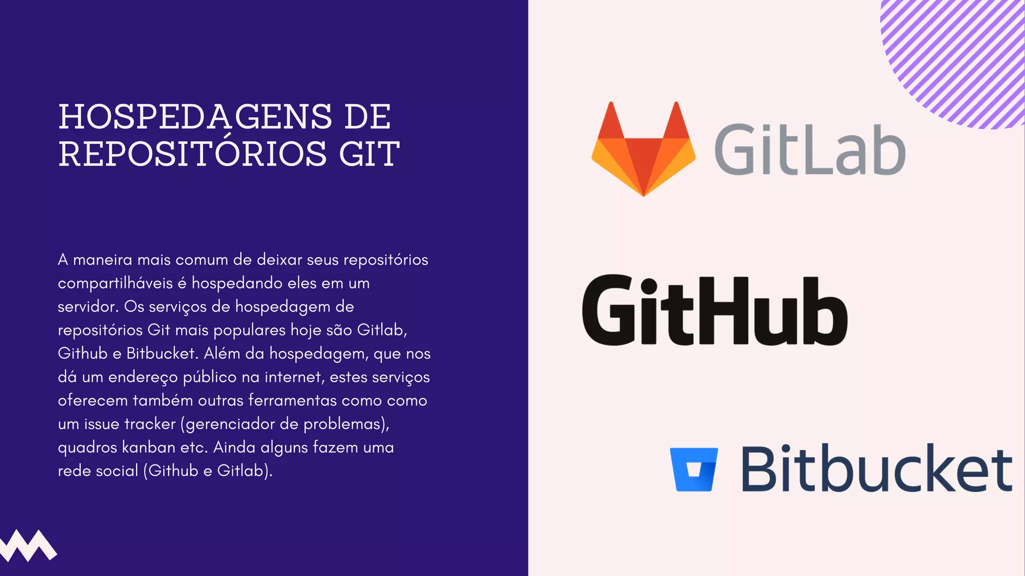HOSPEDAGENS DE
REPOSITÓRIOS GIT
A maneira mais comum de deixar seus repositórios
compartilháveis é hospedando eles em um
servidor. Os serviços de hospedagem de
repositórios Git mais populares hoje são Gitlab,
Github e Bitbucket. Além da hospedagem, que nos
dá um endereço público na internet, estes serviços
oferecem também outras ferramentas como como
um issue tracker (gerenciador de problemas),
quadros kanban etc. Ainda alguns fazem uma
rede social (Github e Gitlab).
 