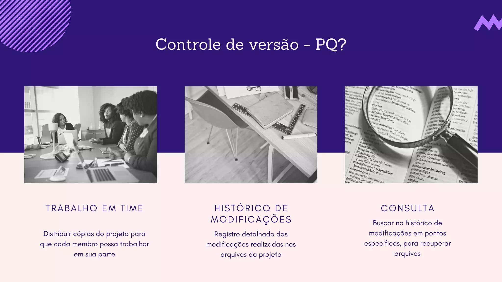 Controle de versão - PQ?
T R A B A L H O E M T I M E
Distribuir cópias do projeto para
que cada membro possa trabalhar
em sua parte
H I S T Ó R I C O D E
M O D I F I C A Ç Õ E S
Registro detalhado das
modificações realizadas nos
arquivos do projeto
C O N S U L T A
Buscar no histórico de
modificações em pontos
específicos, para recuperar
arquivos
 